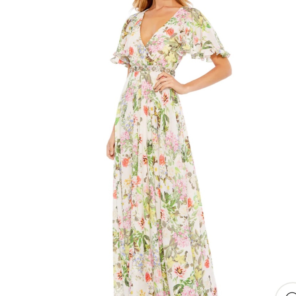FLORAL PRINT FAUX WRAP FLUTTER SLEEVE A LINE GOWN - Like NEW!